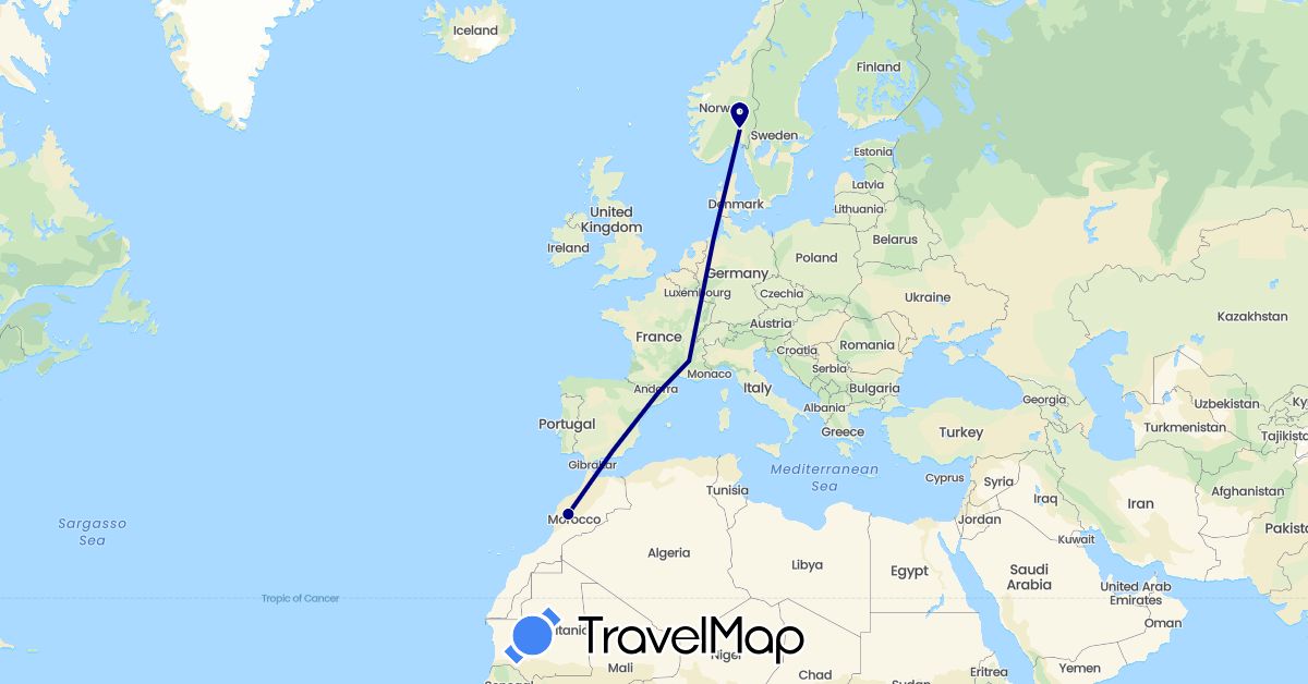 TravelMap itinerary: driving in Spain, France, Morocco, Norway (Africa, Europe)